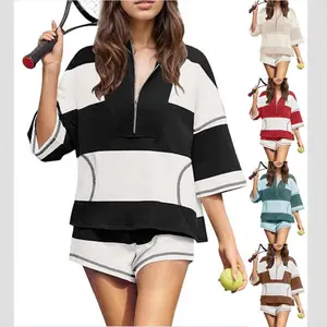 WoodBerry Women's Two Piece Workout Set Striped Short Sleeve Oversized Shirts Wide Leg Shorts Sets Summer Lounge 2 Piece Tracksuit with Pockets Tennis Sport Outfits for Daily