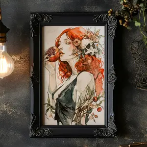 Persephone Goddess of the Underworld Matte Print Persephone with Pomegranate Greek Goddess Wall Decor for Dark Goddess Flowers And Skulls, Unframed, Room Decor