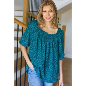 Perfectly You Teal Floral Three Quarter Sleeve Square Neck Top