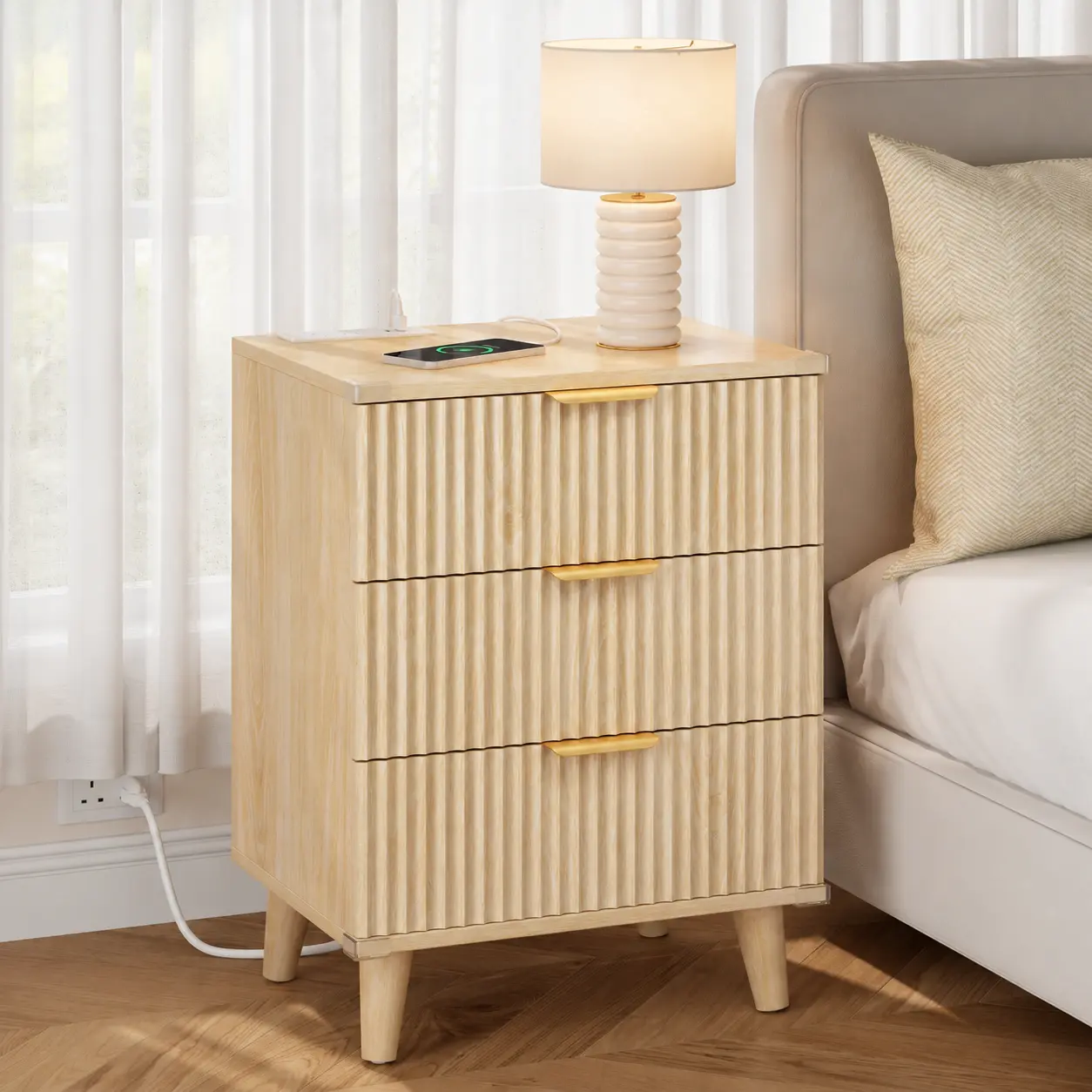 Aowos Fluted Nightstands for Bedroom, Modern Bedside Table with 3 Drawers & Charging Station, Fluted Panel End Tables for Bedroom & Living Room, Bedside Cabinet with USB Ports, Nightstand with Storage, Apartment Nightstand, Kids Bedside Table, tiktokshops