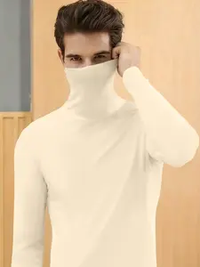 Men's Solid Turtle Neck Long Sleeve Tee, Casual Comfy Warm Tight Sleeve T-shirt for Spring, Men's Top for Daily Wear, Knit
