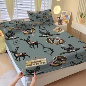 Gone Hunting Fitted Sheet Set, 1 Fitted Sheet + 2 Pillowcases - 3 Pcs Soft Breathable Deep Pocket Bedding, Deer & Turkey Wildlife Print Bed Sheets for Cabin Decor, Full Size
