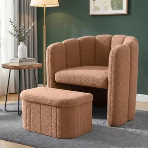 Raybee Barrel Accent Chair with Storage Ottoman, Teddy Fleece Shell Back, Ergonomic Lumbar Support, Spring Foam Seat, 300 lbs, Reading Chair for Bedroom Living Room Home Office, Khaki
