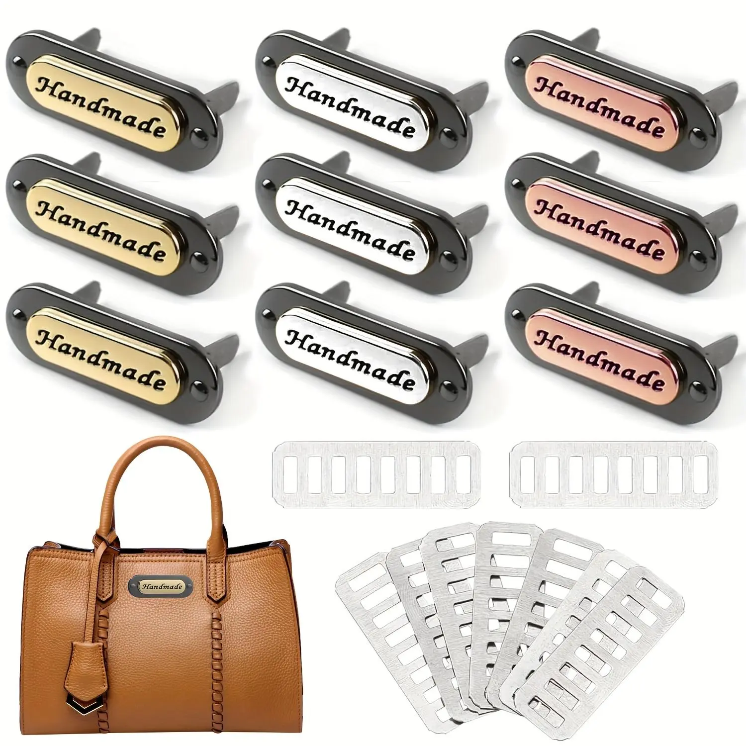 9 Pieces Handmade Metal Labels with Shim Oval Shaped Alloy Hand Made Bag Tags Bag Decal Accessories for Bags Tote Bag Accessories for Clothes Jewelry Sewing Accessories DIY Crafts Decoration