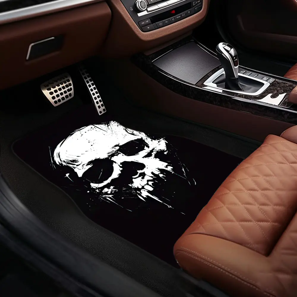 4 pieces, black skull print car front and rear seat floor mats - suitable for all models, soft and comfortable non-slip floor mat decoration, interior protection accessories B2, Car Accessory