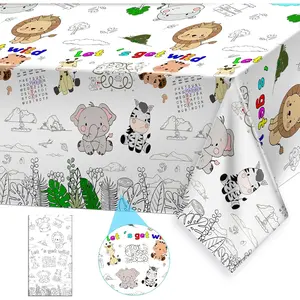 Jungle Animal Coloring Tablecloth for Kids Huge Cute Animal Theme Table Cover Large Let's Get Wild Poster for Children Safari Zoo Birthday Party Decorations 54x108 Inch