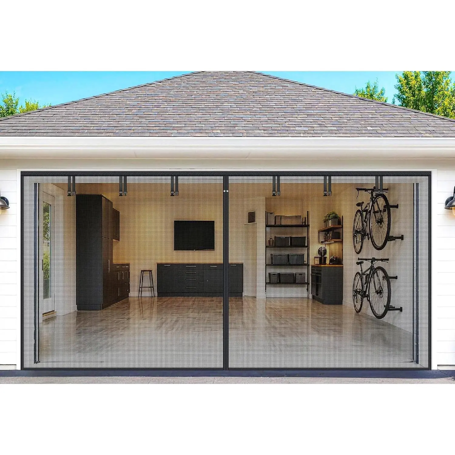 Heavy Duty Fiberglass Magnetic Garage Screen Door for 16ft x 8ft 2-Car Spaces, Bug Free Home Pest Proof, No Gaps, Uninterrupted Airflow, Full Strip Magnets, Hands-Free Operation, 6 Roll Up Straps for Patio, 16 Ft X 8 Ft