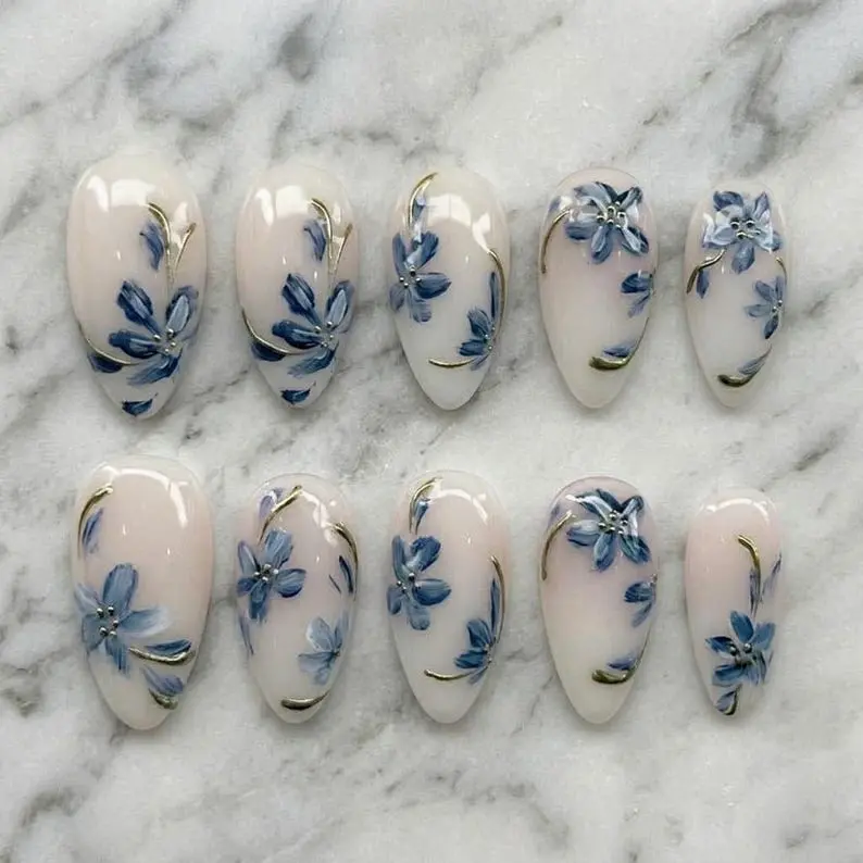 Handmade Blue Floral Press On Nails/Elegant Flower Nail Art/Gold Outline Nails/Soft Luxury Nails/Almond Shape Nails/Bridal Spring Nails Set