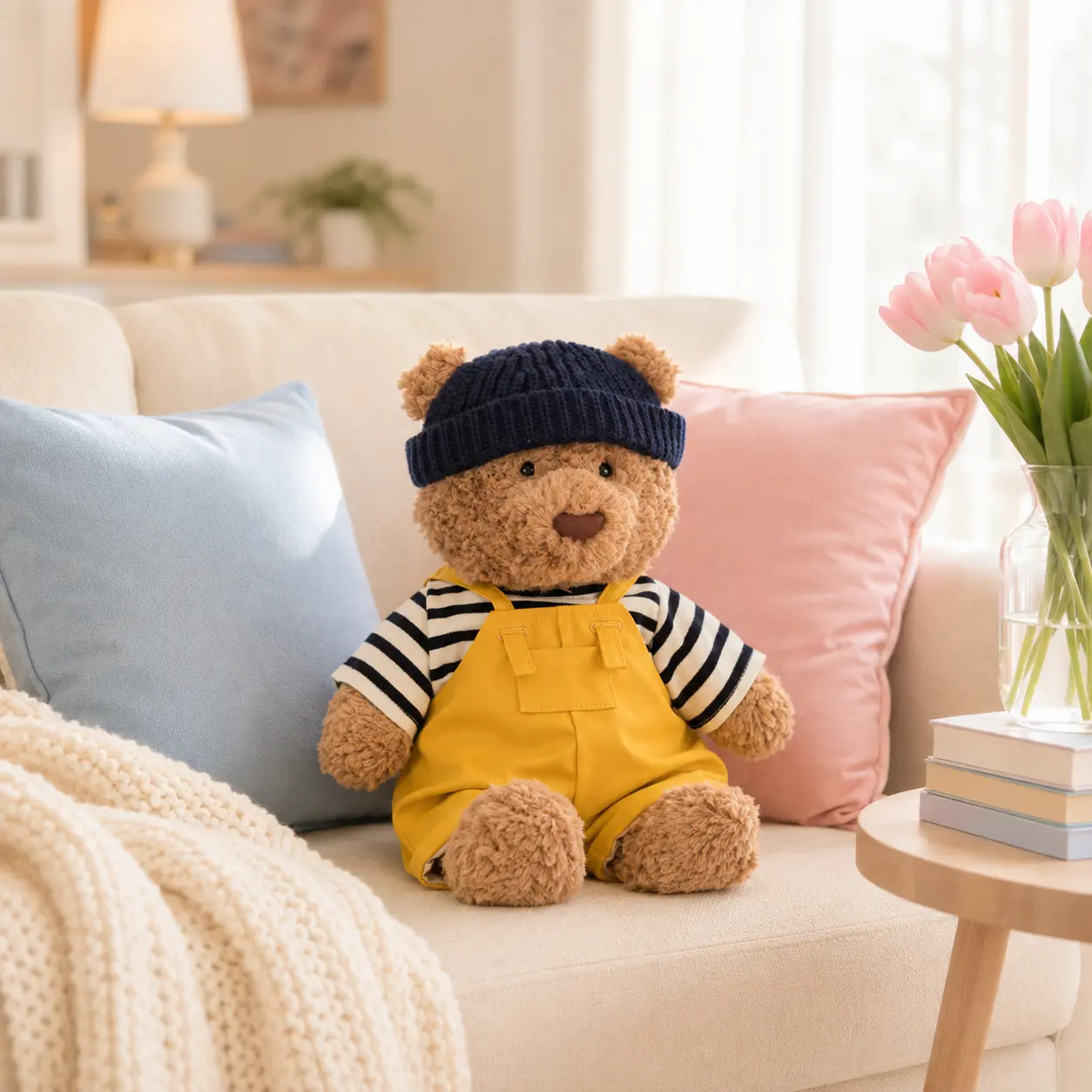 Jellycat Teddy Bear in Yellow Overalls – Cute Brown Bear Plush with Navy Beanie, Soft Stuffed Animal, Cozy Gift for Kids & Plush Collectors