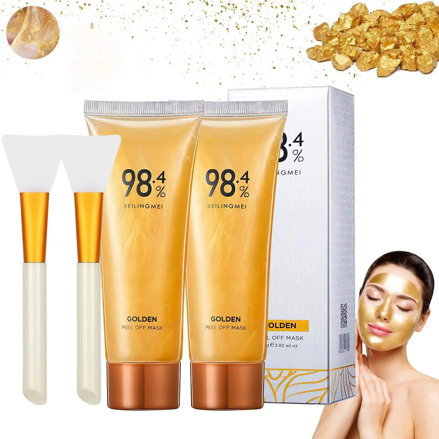 Gold Foil Skincare Peel-off Mask & Brush Kit, 2 Counts/set Deep Cleansing Moisturizing Face Mask with 2 Counts/set Applicator Brush, Face Care Product