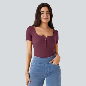 Halara Ribbed Henley Neck Short Sleeve Slim Casual Top