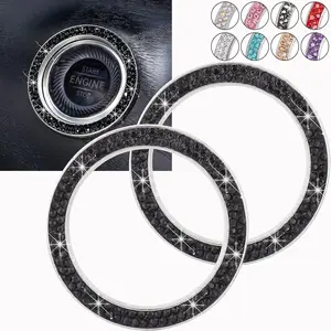 Bling Car Crystal Rhinestone Ring Emblem Sticker, Car Interior Decoration, Bling Car Accessories for Women, Push to Start Button, Key Ignition Starter & Knob Ring (Black)
