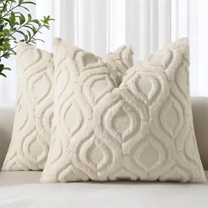 Decoruhome Cozy Textured Throw Pillow Covers 18X18 Inch Set of 2, Soft Plush Faux Wool Beige Accent Couch Pillow Covers for Modern Farmhouse Sofa Bed Living Room decorUhome