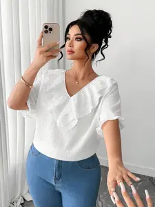 Plus Size Women's Solid Color V Neck Ruffle Chiffon Top, Blouse, Loose Fit Bubble Sleeve Elegant Lady Commuter Short Sleeve Shirt, Casual Fashion Wear, Womenswear