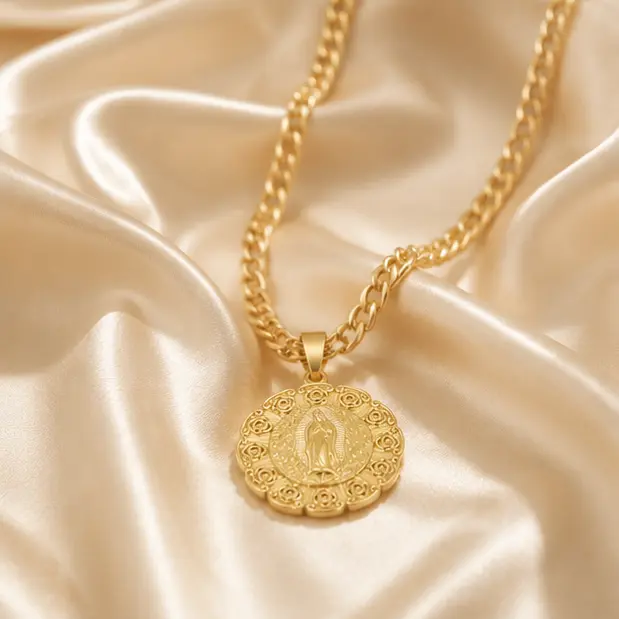 Women's Our Lady of Guadalupe Single Pendant Necklace, Fashionable Flower Motif, 22-in Chain, 3 Styles, Three Styles