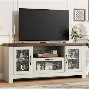 IDEALHOUSE TV Stand for 65 Inch TV, Farmhouse Entertainment Center with Acrylic Door Storage Cabinet & Adjustable Shelves, TV Console Table for Living Room Bedroom, White & Brown