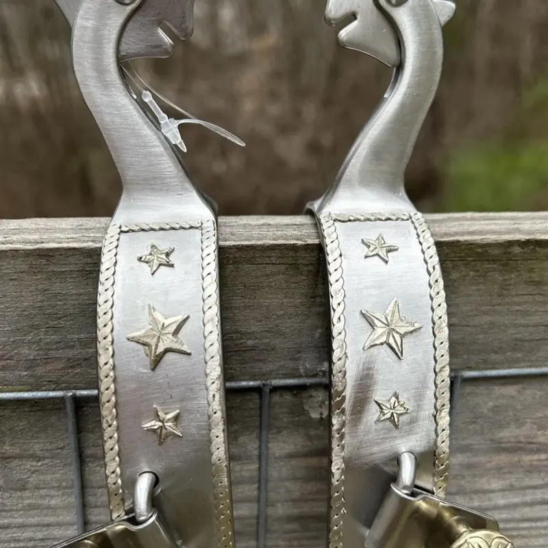 Pair Adult Size Stainless Steel Western Spurs Engraved Silver Star Accents