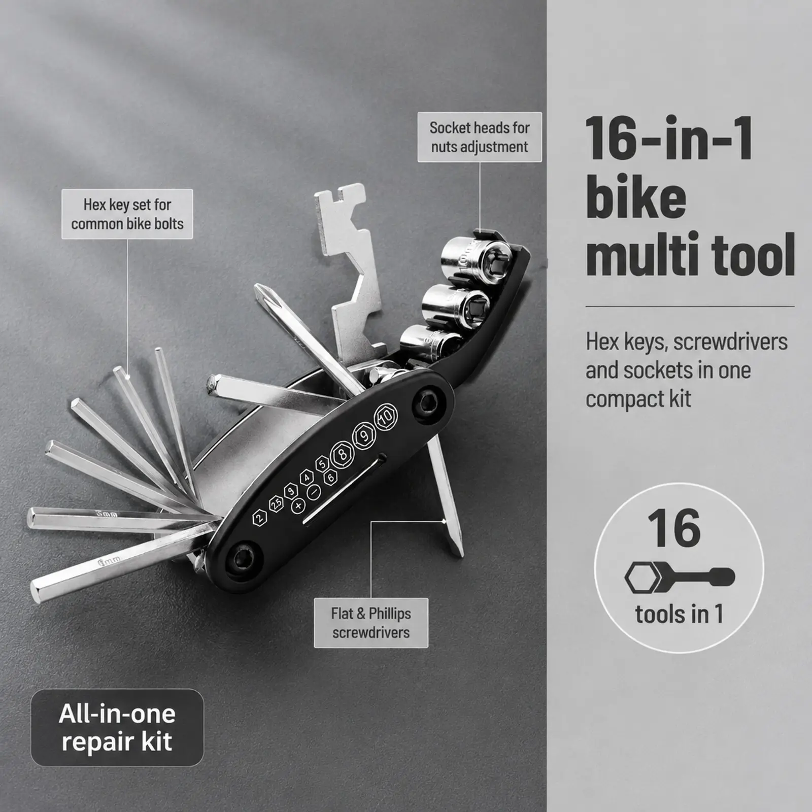 Okday Bike Repair Kits 16 In 1 Multi-Function Bike Tool Kits Portable Foldable Bike Multitool Cycling Tool Kit Bike Tool Allen Wrench Tire Levers