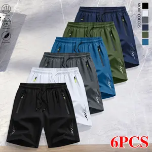 Pack of 6 men’s athletic shorts featuring drawstring design and zippered pockets; breathable fabric suitable for basketball, running, beach activities, outdoor sports, and other physical activities. Regular fit, summer menswear, men’s shorts.