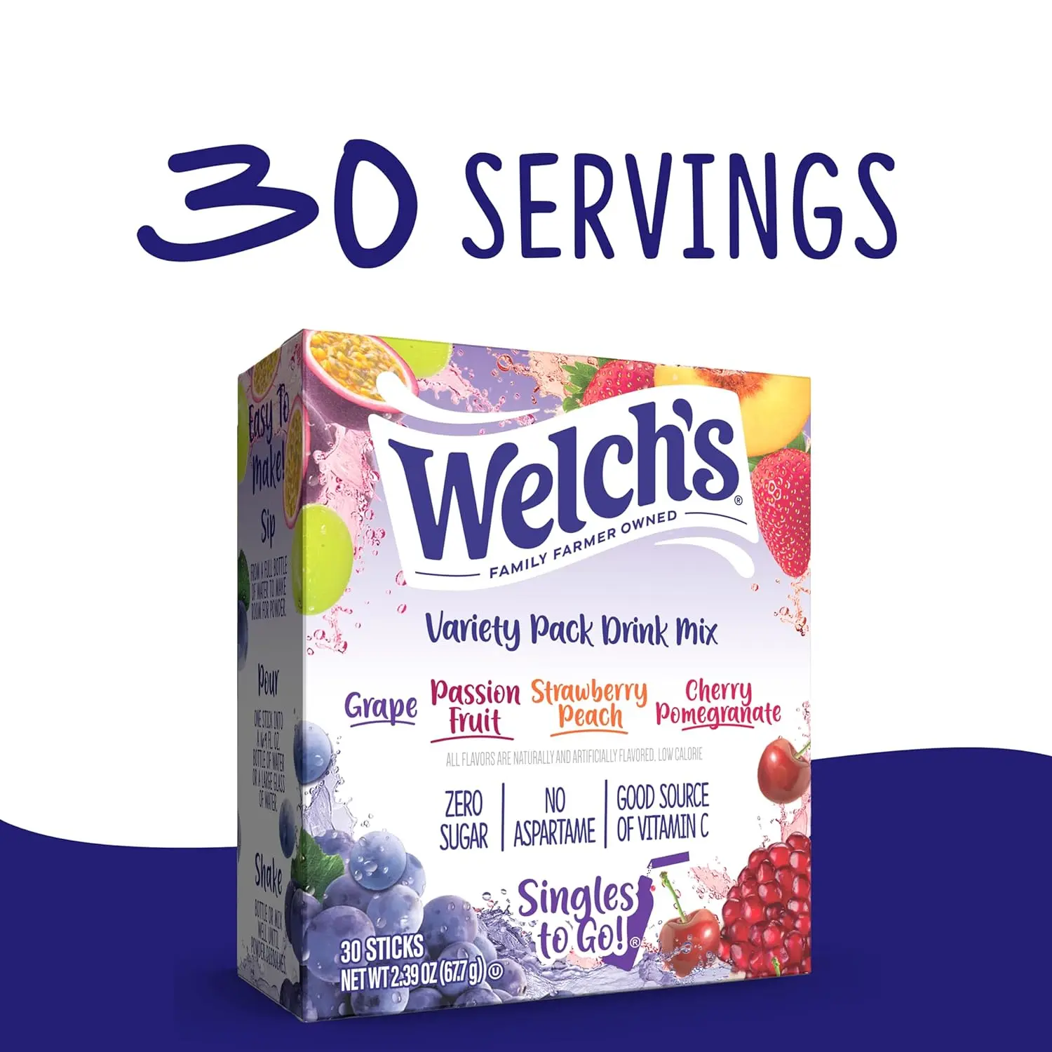 Welch's Sugar-Free Mixed Beverage Powdered Drink Mix Variety Pack, Watertok Style, Low-Calorie, 3.84oz, All Ages Ambient Cupboard Staple, 4 Flavors (Grape, Passion Fruit, Strawberry Peach, Cherry Pomegranate) - 1 Box (30 Servings)