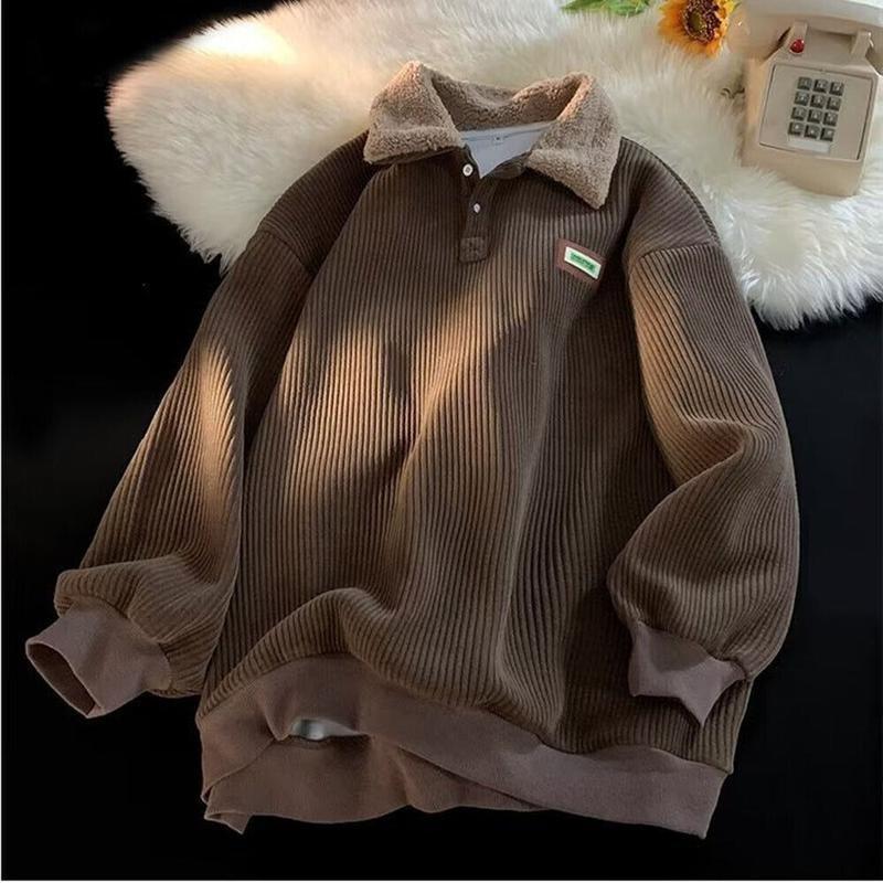 2026 NEW Corduroy Polo collar sweater couple autumn and winter style Fleece Lined simple fashion Polo Pullover Comfort Long Sleeve