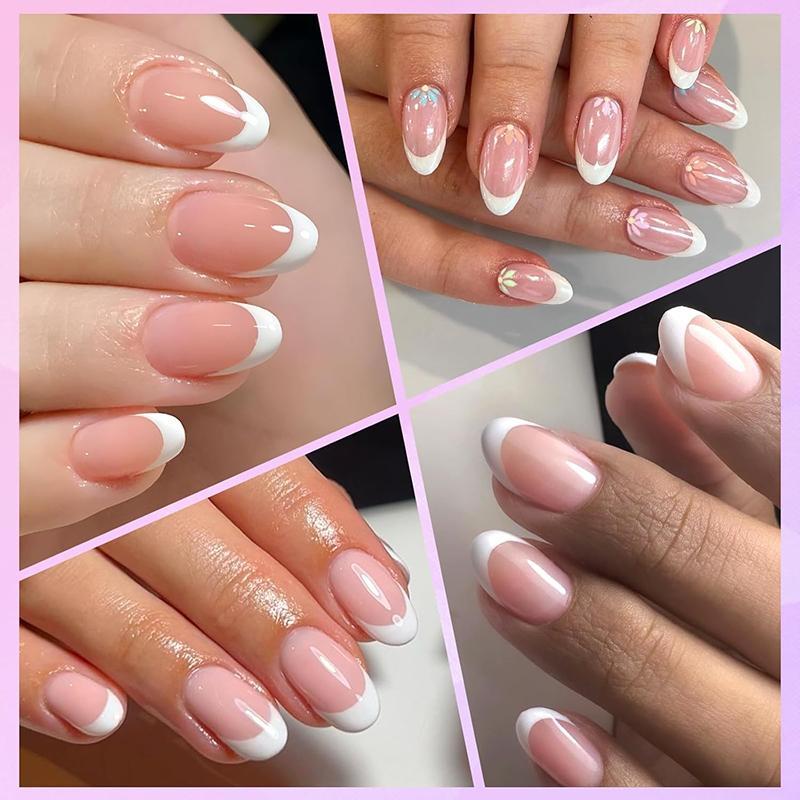 Medium Short Oval Almond Press-on Nails, 120pcs Glossy French Tip Fake Nails, Classic Nail Design At Home Manicure