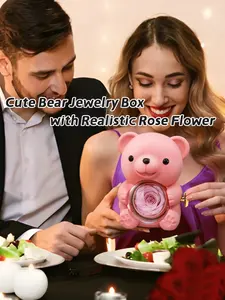 Cute Hug Bear Jewelry Box with Realistic Rose Flowers, Rotating Valentine's Day Gift, Ring Holder, Large Size, Includes Gift Box and Bag