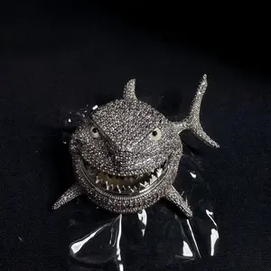 Predator Luxury Iced Out Vicious Shark Pendant Chain Rhodium Plated Stainless Steel Charm with Dense Pavé Setting and High Contrast Elements Symbol Of Power Focal Point customizable with engraved letters, logos or patterns