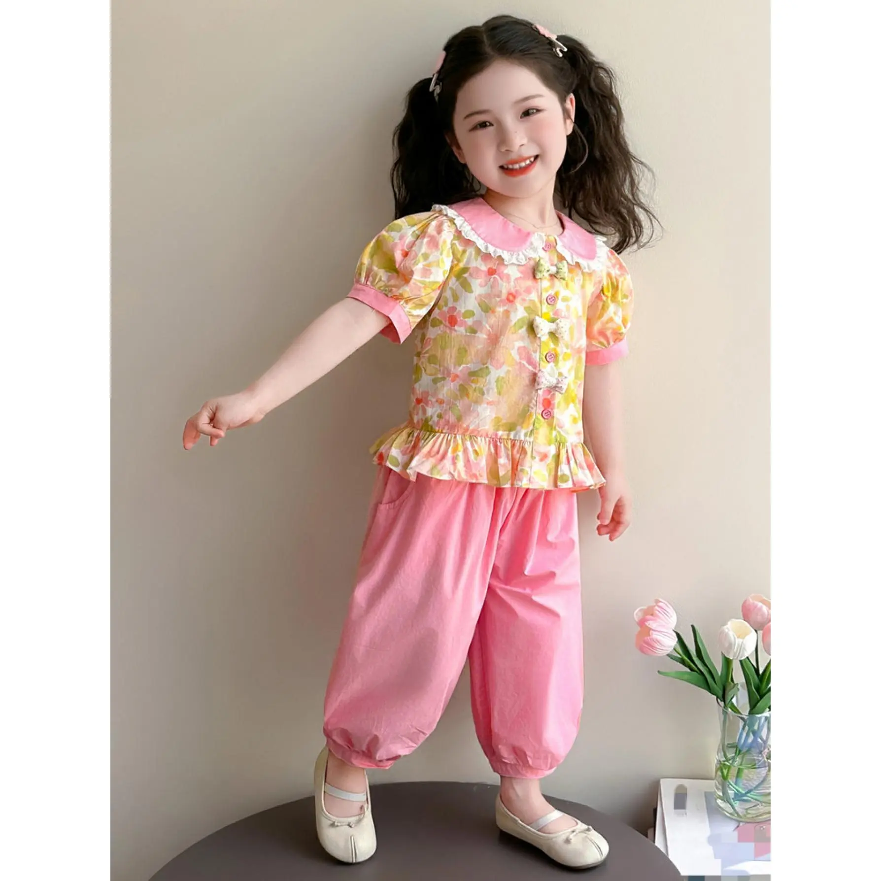 Girls' Summer Floral 2pcs Outfit, Kids Puff Sleeve Top And Pink Bloomers Pants Set, Girls Fashion Casual Summer Clothes, for Outdoor