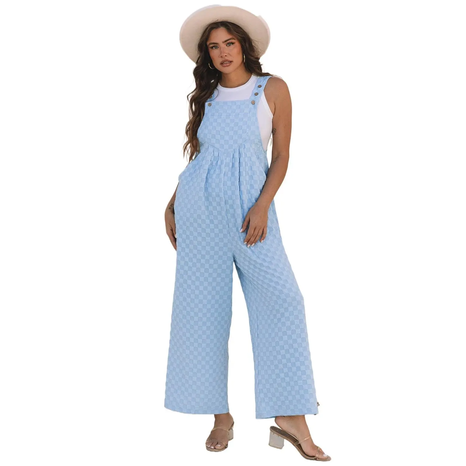 Women's Beau Blue Checkered High-Waist Wide-Leg Sleeveless Pocket Overall - Fit Casual Style, Comfortable Fabric Jumpsuit, Rompers, Functional Pockets