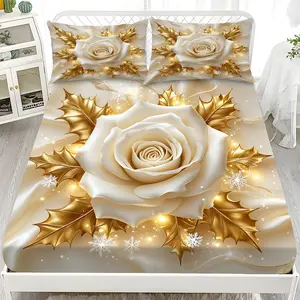 Bed Sheet Set - 3-Piece 2D Flat White Rose Gold Leaf Pattern Mattress Protector Set (1*Fitted Sheet + 2*Pillowcases, no filling), Stylish, Soft and Comfortable Bed Linen, Skin-friendly and Breathable Bedding Set, Suitable for Bedrooms and Guest Rooms.