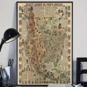 Unframe Native Tribes of North American central America and the Caribbean Maps Poster poster Decor Ornaments Cultural Heritage Decorative Wall Art Dark Academia Room Decor Essentials, Antique Map Canvas Print