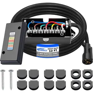 12 FT 7 Way Trailer Wiring Harness Kit Heavy Duty 7 Way Trailer Cord with 7 Pin Trailer Plug and Trailer Junction Box Kit  Light and  Wiring Wires for Trailer RV