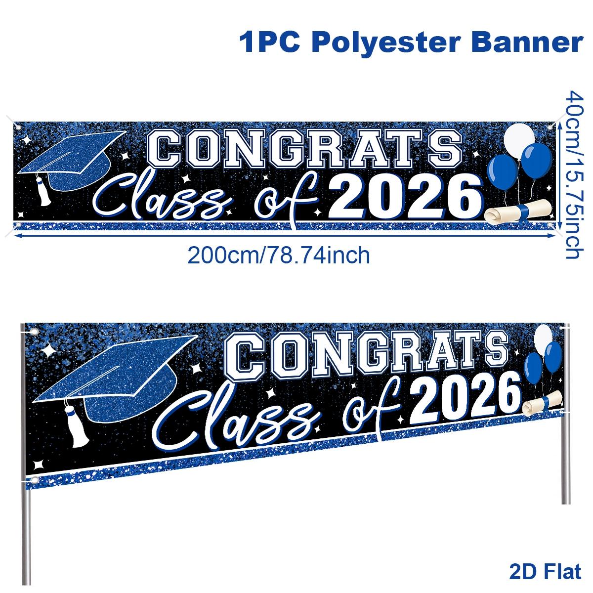 1pc Large Graduation Banner, 200*40cm Class Of 2026 Congrats Grad Yard Sign. Blue White/Black Gold/Black White Gold. 2D flat hanging welcome sign for graduation party, fence, garage, garden, porch, backdrop, home wall & room decor.