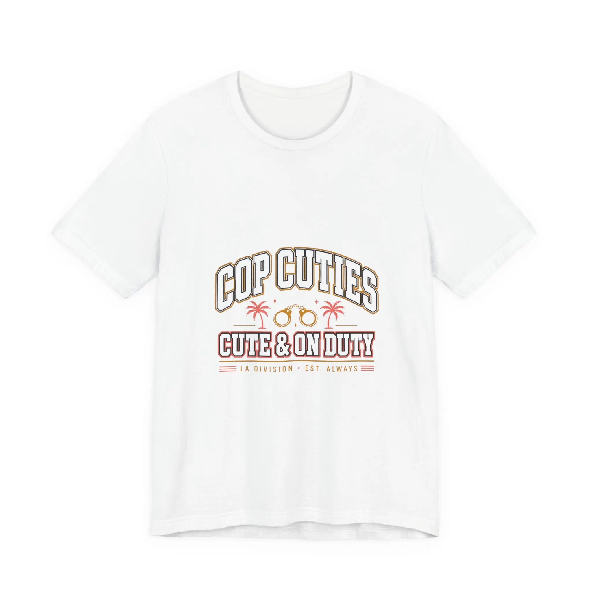 Men's Cop Cuties Cute & On Duty Regular Fit T-Shirt - Airlume Cotton, Badge Print, Palm Trees, Retro Design, All Seasons, Cold Wash Compatible