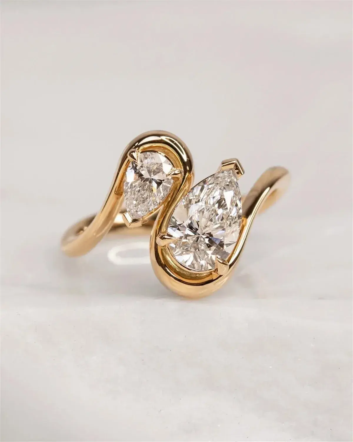 14K Solid Gold S-Shaped Double Stone Diamond Ring, Lab-Grown Diamond IGI 1CT Pear-Shaped Double Diamond Engagement Ring Custom