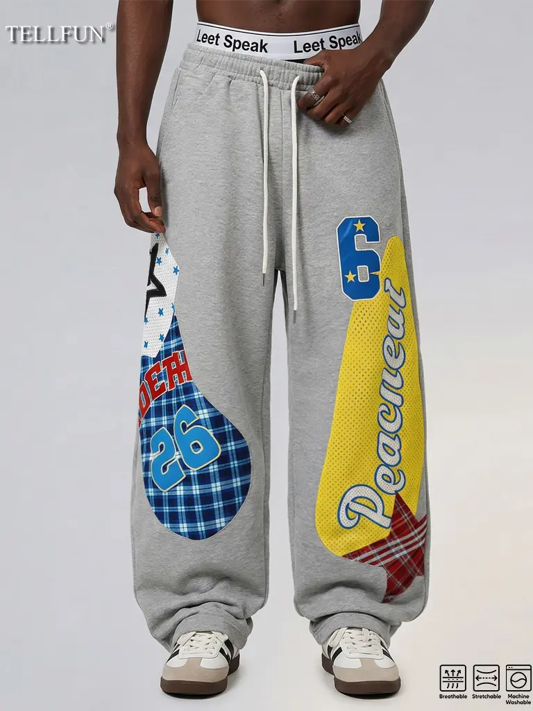TELLFUN--Men's Low-Waist Y2k Grunge Barrel Sweatpants - Baggy Fit, Loose-Fitting Wide-Leg, Graphic Print Activewear with Adjustable Drawstring for Teens