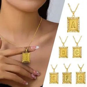 Stainless Steel Silver 18K Gold Initial Necklace Pendant Rectangle - Choose Your Letter A to Z