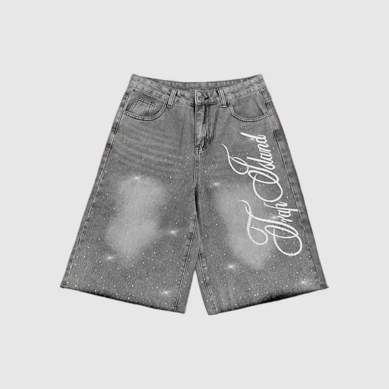 Men's High Cotton Y2K Rhinestone Baggy Denim Shorts, Retro Gray Washed Jorts with Sparkling Starry Rhinestones & Cursive Script Print, Grunge Streetwear Casual Jean Shorts for Men