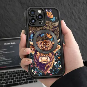 Pop Socket Phone Case Black Bull With Butterflies And Flowers Design For Iphone 17 16  Air Plus  Max pro other model lovely  slim shockproof cover pocket-friendly cellphone cover  protective soft tpu holiday best gift xr accessory protection