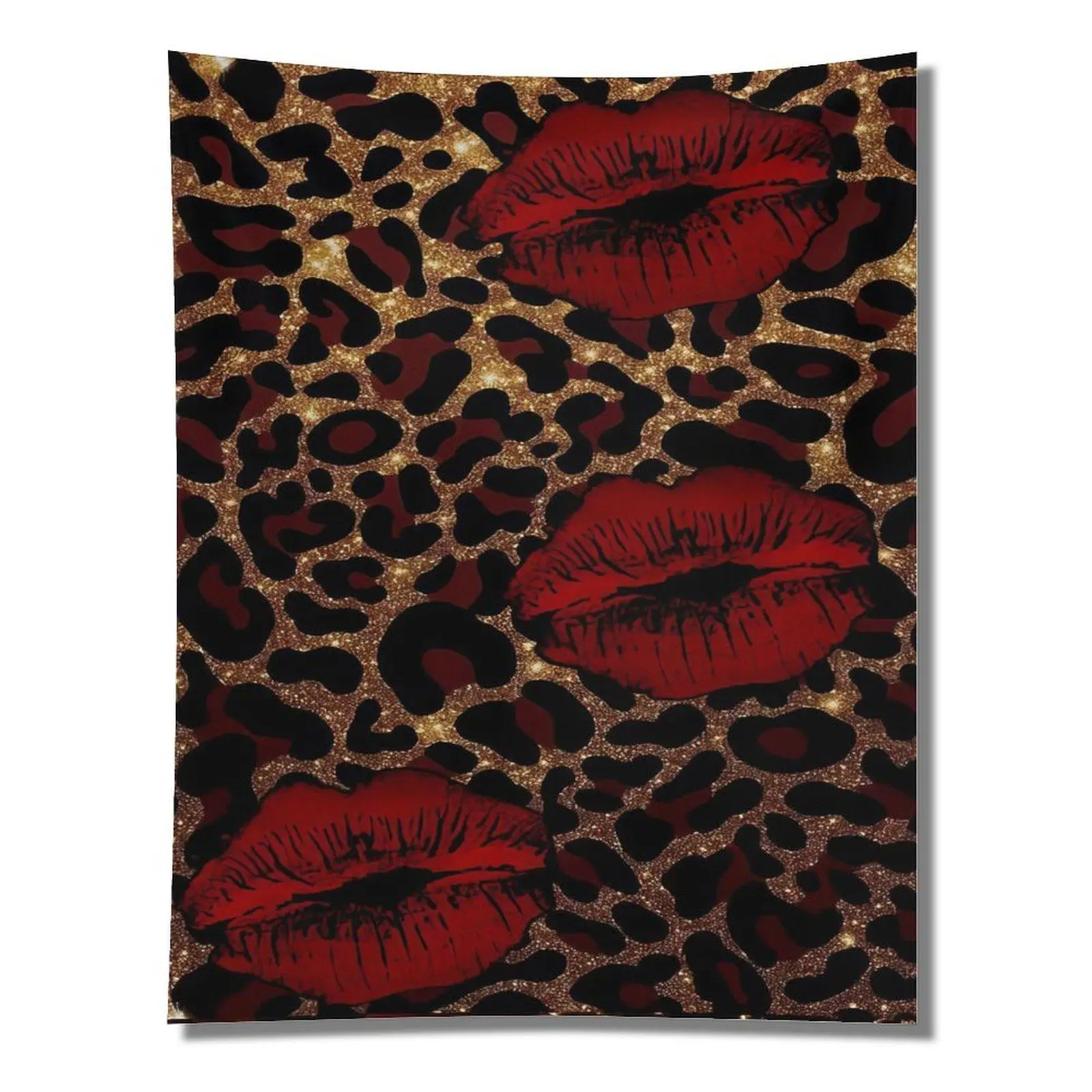 Gold Glitter Leopard Print Red Lip Kiss Seamless Wall Tapestry Wall Hanging, Y2K Girly Sassy Teen Girls Bedroom Decor Backdrop