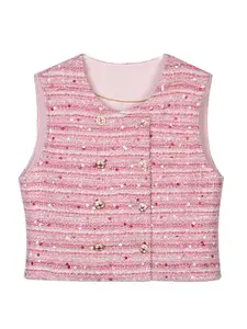 Women's Round Neck Tweed Vest, Elegant Fashion Double Breasted Sleeveless Vest Coat for Daily Outdoor Wear, Women Clothing for Spring Fall