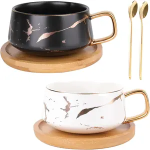 2 Pack Ceramic Tea Coffee Cup, 10 OZ Coffee Mug with 304 Stainless Steel Spoon and Bamboo Saucer, Marble Espresso Cups for Latte, Cappuccino, Americano, White and Black