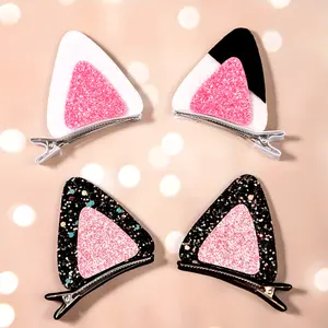2pcs Onion Powder Cat Ears Hair Clips - Fashionable Pink Series with Glittery Black & White Design, Non-Woven Fabric, Perfect for Daily Wear & Themed Parties, Cute Hair Accessories