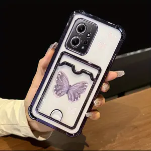 Redmi Note 12 4G Popular Series Card Holder Slot Phone Case For Compatible With Xiaomi Redmi Note 12 4G Transparent Plating Cover and Durable Romantic Beautiful Dreamy Purple Butterfly Protector
