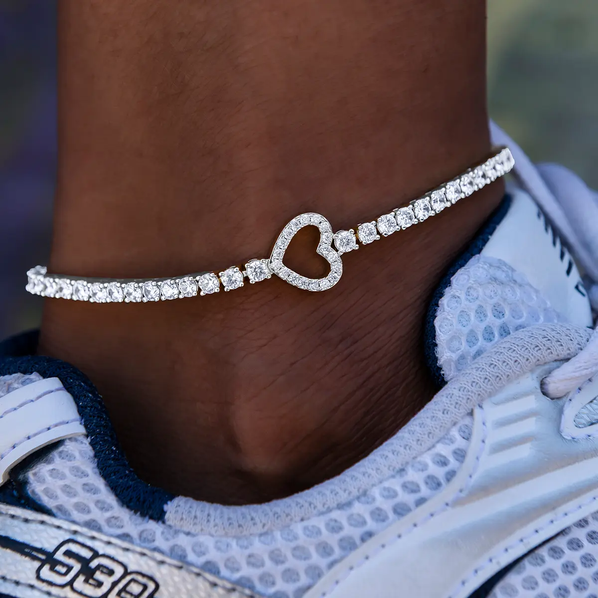 GLD Heart Tennis Anklet in 14k White Gold 3mm Adjustable 8-10 Inch Length Hand-Set Stones Everyday Wear  - Perfect Gift