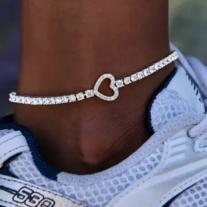 GLD Heart Tennis Anklet in 14k White Gold 3mm Adjustable 8-10 Inch Length Hand-Set Stones Everyday Wear  - Perfect Gift