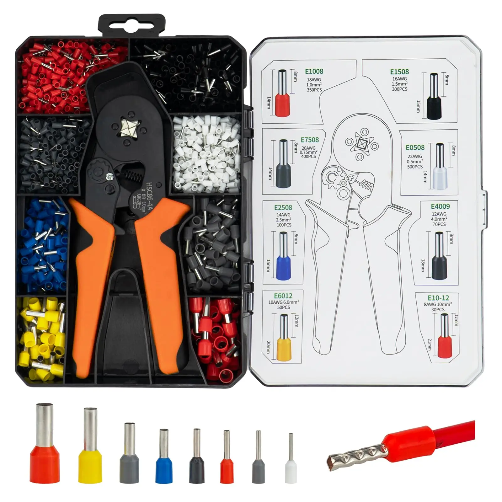 Ferrule Crimping Tool Kit Set with 1800PCS Wire Connectors AWG28-7, 4 Corners Square Wire Ferrule Crimper, Self-adjustable Ratchet Crimper Pliers Set Pin Terminals for Car DIY Electrical Wiring