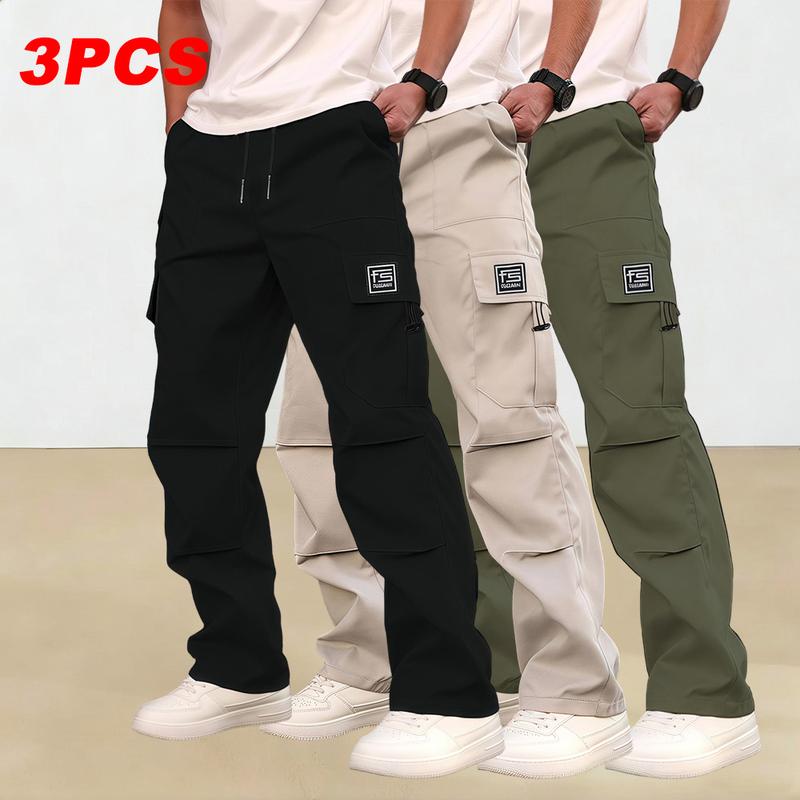 Men's multi-pocket work pants, 3-pack, suitable for all seasons and machine washable; mid-rise with drawstring closure; non-stretch polyester fabric; casual wear with pockets; versatile cargo pants