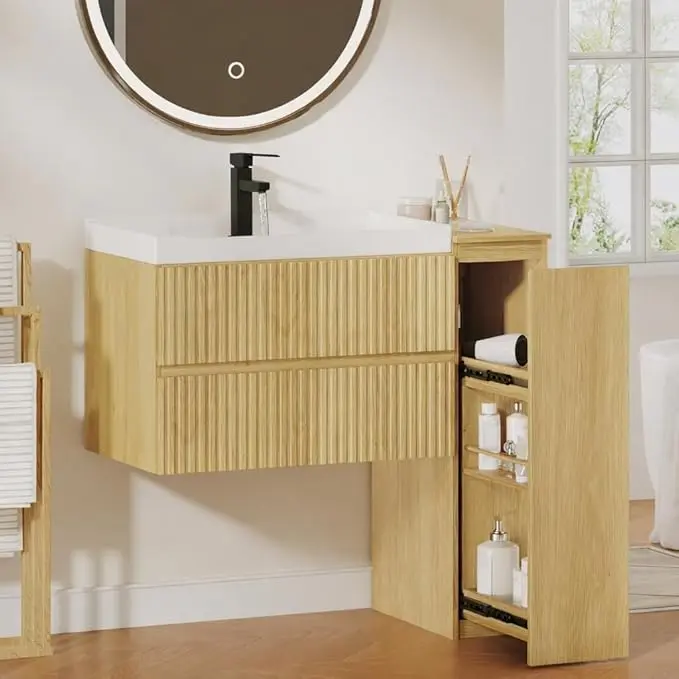 31.5-Inch Natural Floating Wall Vanity with Ceramic Sink, 2 Soft-Close Drawers, 3-Tier Pull-Out Shelf, Compact, Drawer-Style & Multi-Compartment Wall Cabinets #SummerVibes, Compact Wall Cabinets#DealsforYouDays #SummerGarden